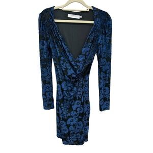 ASTR The Label Dress Womens Size XS Blue Floral Burnout Velvet Twist Front Wrap